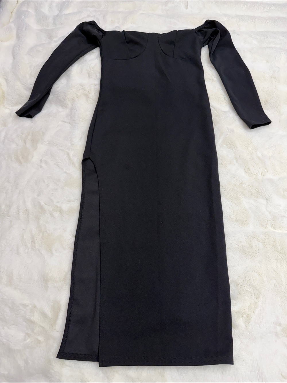 Nasty Gal Black Off-Shoulder Long Sleeve Midi Dress with Side Slit